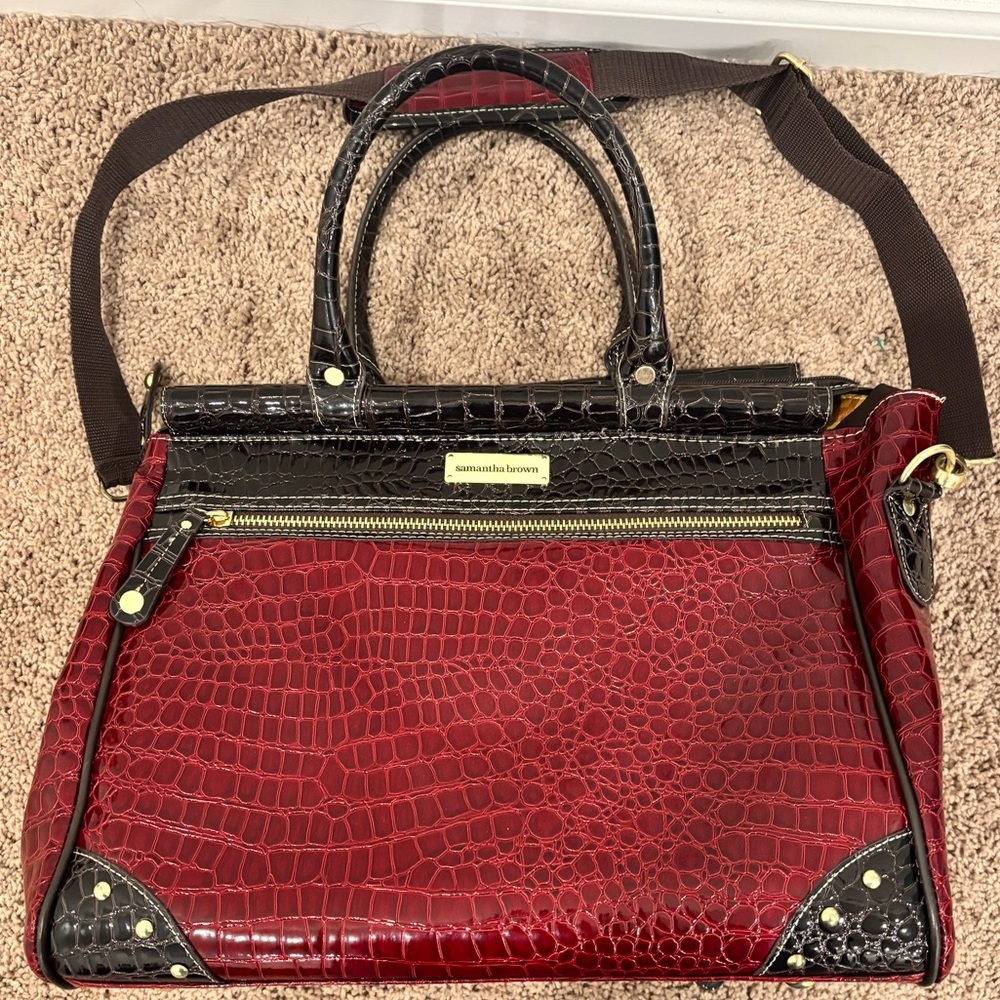 Samantha Brown Croco-Embossed Dowel Travel Bag Tote Work Weekender Red Brown